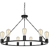 Senyshilon 9-Lights Farmhouse Chandelier | Dia 32'' Black Wagon Wheel Chandelier | Rustic Hanging Dining Room Light Fixture |