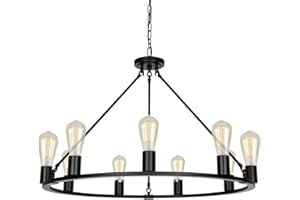 SENYSHILON Wagon Wheel Chandelier, Black Farmhouse Chandeliers for Dining Room Light Fixture Over Table, 9-Light Dia 32'' Rustic Industrial Hanging Lighting for Living Room Kitchen Island, Height Adjustable