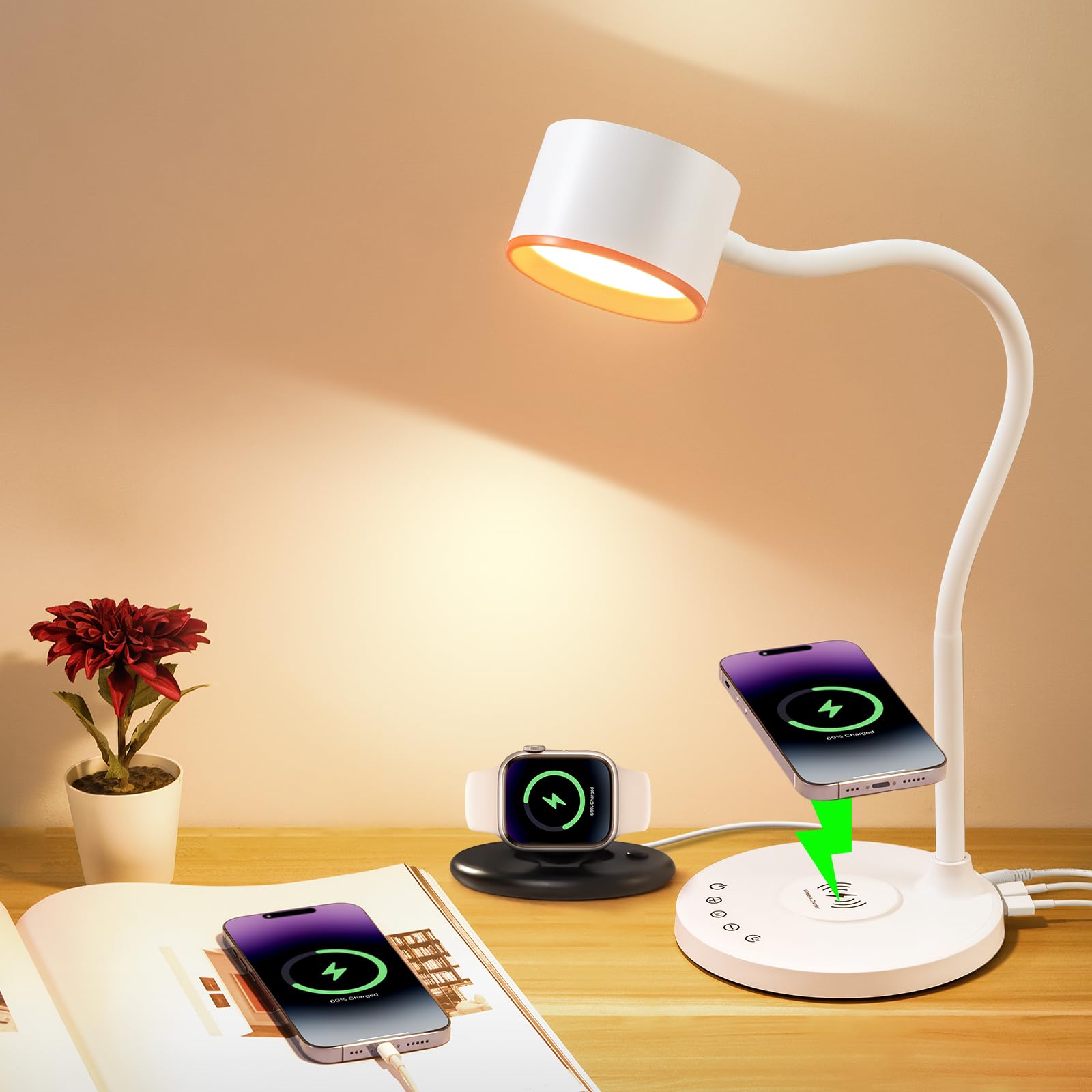 Photo 1 of LED Desk Lamps for Home Office, Desk Lamp with USB C + A Dual Charging Ports, Wireless Charger, 5 Colors Dimming Reading Lamp Timer/Memory Touch Bedside Table Lamp for Bedroom College Dorm Room White