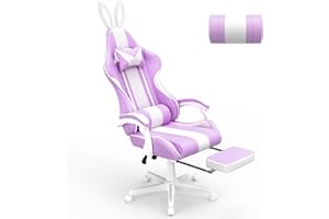 Ferghana Kawaii Light Purple Gaming Chair with Bunny Ears, Ergonomic Cute Gamer Chair with Footrest and Massage, Racing Reclining Leather Office Computer Game Chair for Girls Adults Teens Kids