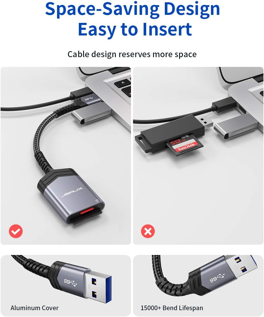 SD Card Reader USB 3.0 [2-in-1], JSAUX Dual Flash Memory Card Adapter for TF, SD, Micro SD, SDXC, SDHC, MMC, RS-MMC, Micro SDXC, Micro SDHC, UHS-I, Plug and Play, Read 2 Cards Simultaneously -Grey: Computers & Accessories