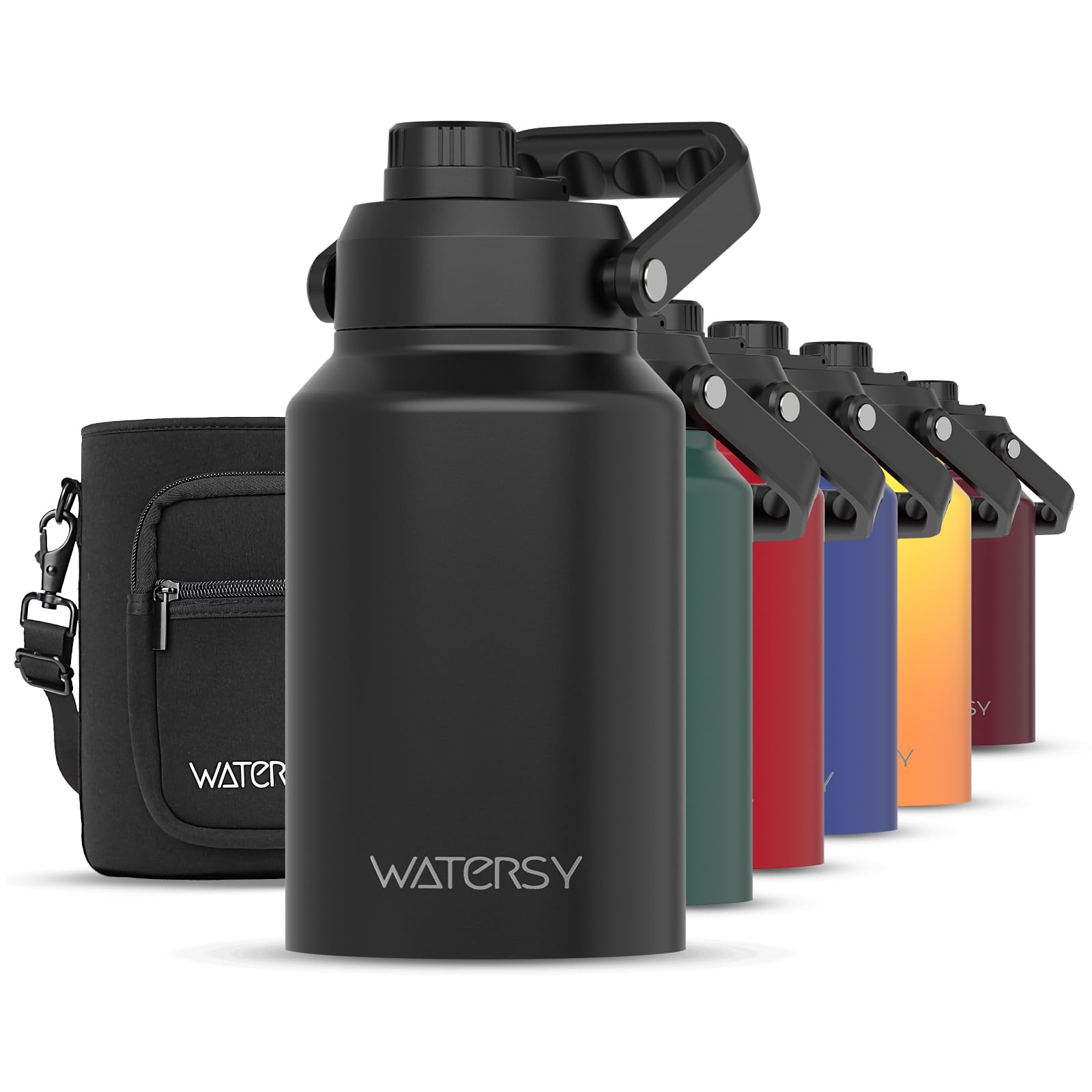 Photo 1 of WATERSY Half Gallon Water Bottle Insulated(Cold for 48 Hrs),BPA Free&Leak Proof,64oz Stainless Steel Water Jug/Flask,Big thermo,Large Water Bottle with Handle for Gym,Hiking,Camping,Black