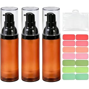 TUPWELY 3PCS 30ML Frosted Plastic Airless Lotion Pump Bottles Travel Size | Strawless Airless Vacuum Design,with color labels