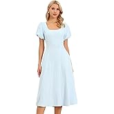 Allegra K Puff Sleeve Dress for Women's Square Neck Summer Smocked Floral A Line Wedding Midi Dresses