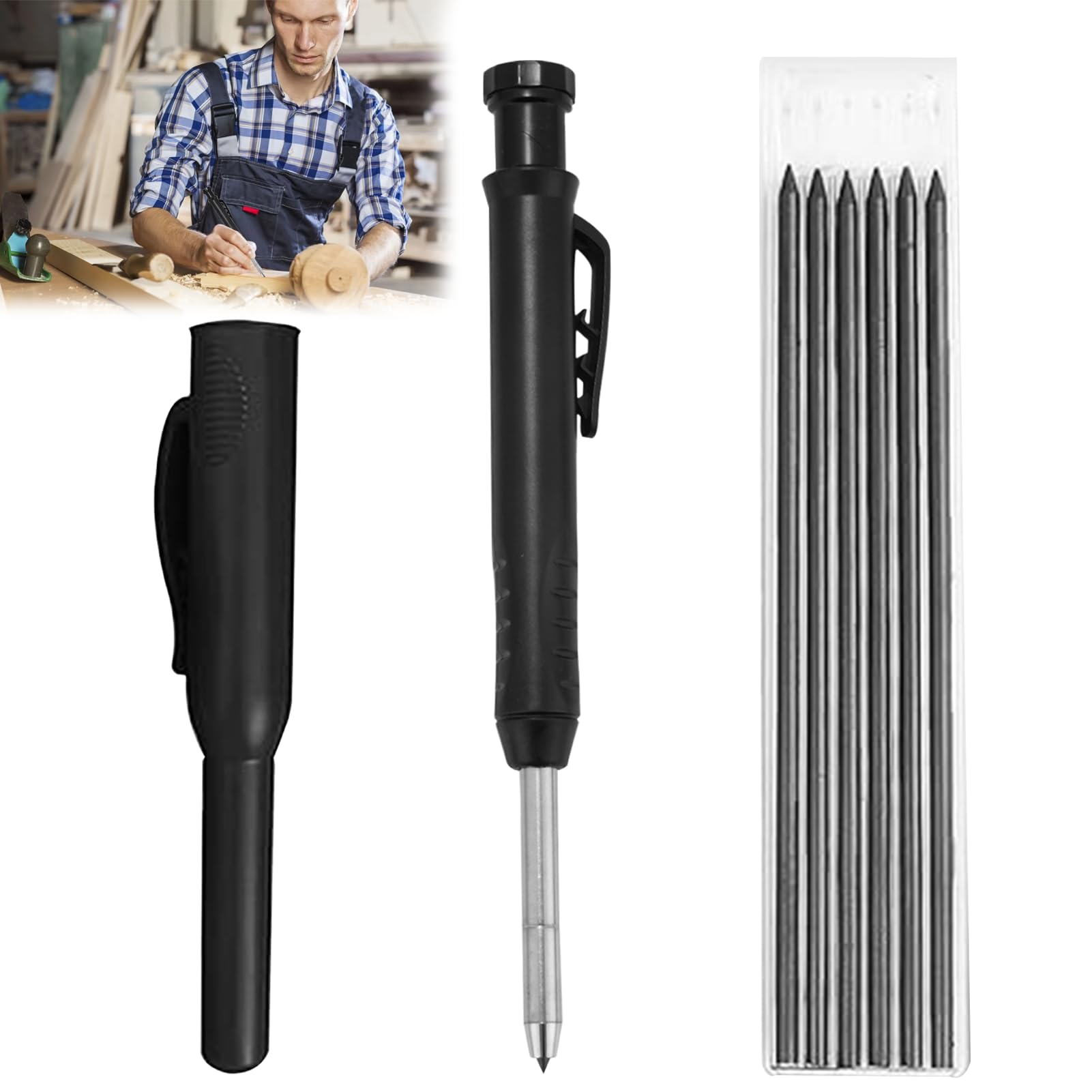 Bansusu 1PCS Mechanical Carpenters Pencil Heavy Duty Builders Pencil Solid Carpenter Pencils Long Nosed Deep Hole Woodworking Pencils with 6 Refills for Builders Construction Architect Woodworking