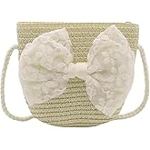 AMPOSSTO Bow Straw Bag for Girls Little Girls Small Crossbody Purse Toddler Girls Cute Wallet Purse