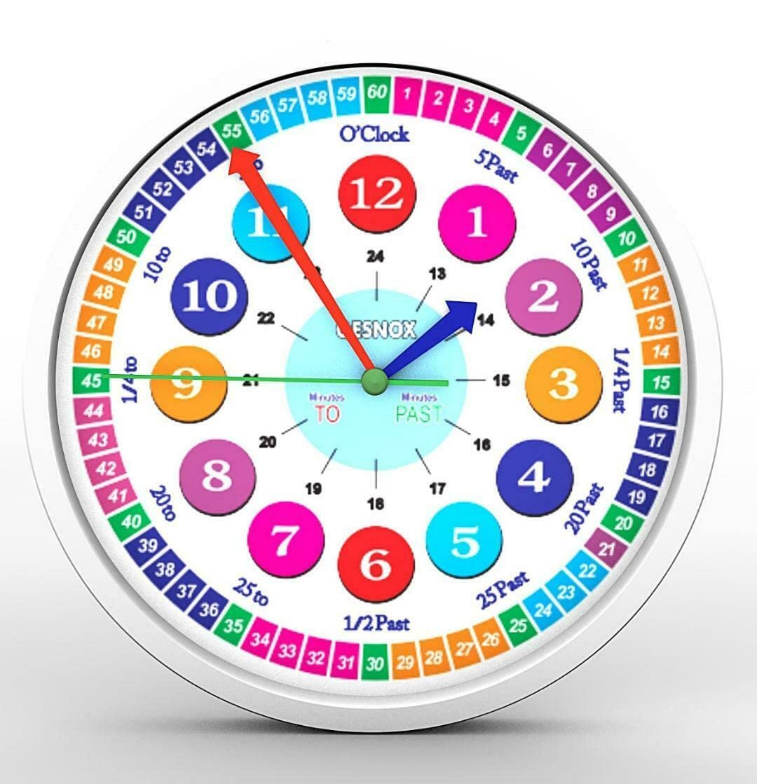 Qesnox Kids Wall Clock - Silent, Non-Ticking Time Teacher for Kids Bedroom & Office. Teaches, Reads & Learns Time Telling (30CM)