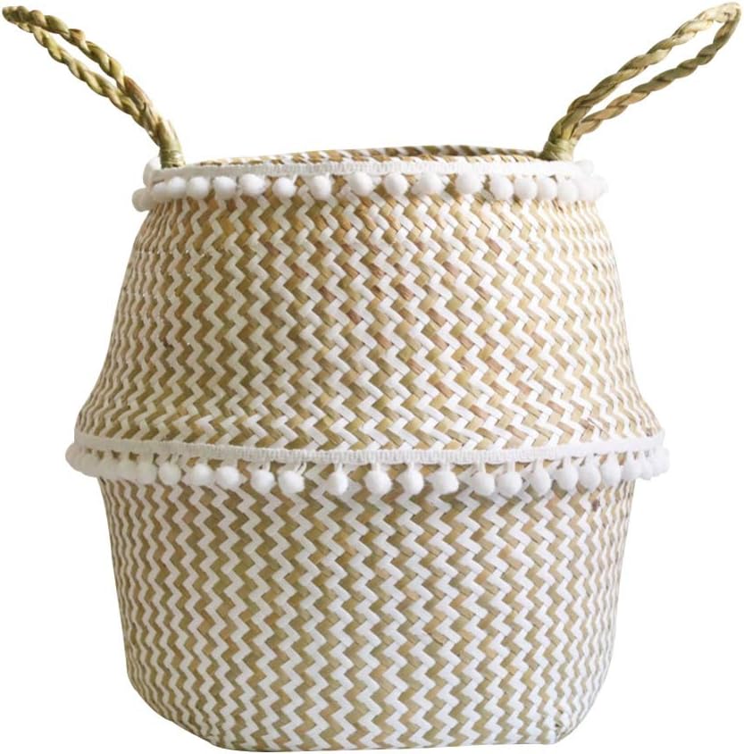 Qlans Seagrass Woven Plant Pot, Foldable Laundry Basket Toys Storage Wicker Basket For Storage Laundry Blankets Toys
