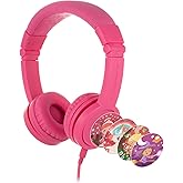 BuddyPhones Explore Plus | Foldable Kids Wired Headphones, Built-in Audio Sharing Cable with in-Line Mic - SafeAudio Volume-Limiting for Kindle, iPad, iPhone, or Android (Rose Pink)