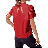 OYOANGLE Women's Mesh Short Sleeve Open Back Workout Top Yoga Running Athletic Tee Shirts