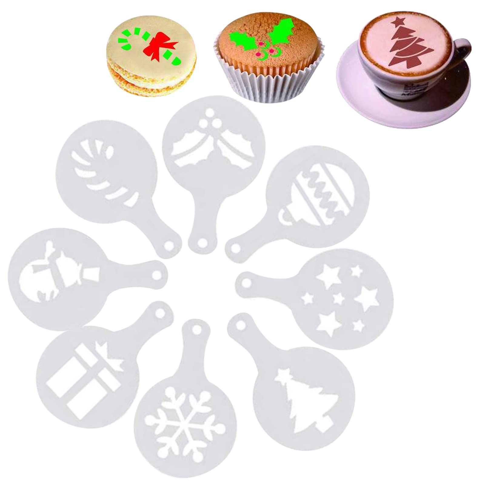 8PCS Christmas Coffee Stencils Christmas Cake Stencil Templates Fondant Cupcake Stencil Coffee Barista Templates Mold for Hot Chocolate, Cappuccino Cake Decoration