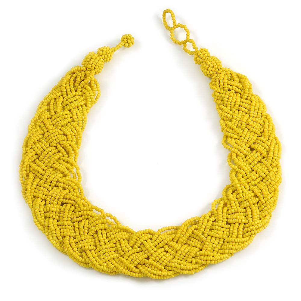 Avalaya Chunky Wide Lemon Yellow Glass Bead Plaited Necklace/ 53cm L