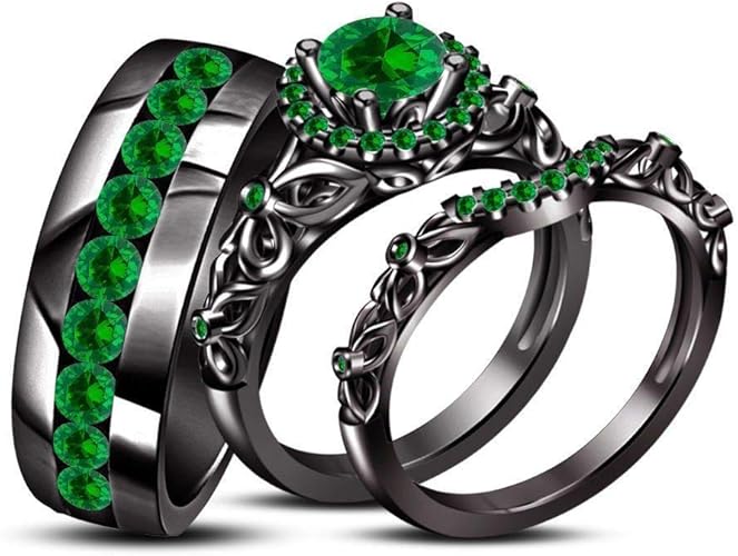 Amazon Com Triostar His Hers 1 45 Ct Emerald 14k Black Gold Over Trio Vintage Style Wedding Ring Set Jewelry