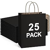 BagDream 25Pcs Black Gift Bags 8x4.25x10.5 Kraft Paper for Gifts, Shopping Retail Merchandise Grocery Sacks, Black Paper Bags with Handles Bulk Medium