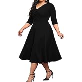 CLOCOR Women's Plus Size Midi Dress 3/4 Sleeve A-Line Swing Dress V Neck Flowy Casual Dresses