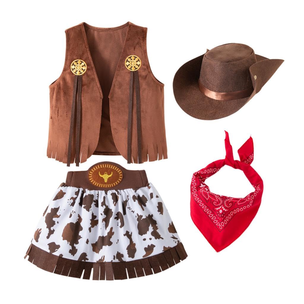 Lito Angels Cowgirl Costume Outfit Fancy Dress Up with Waistcoat, Bandana and Hat for World Book Day Baby Girls Age 12-18 Months, Brown
