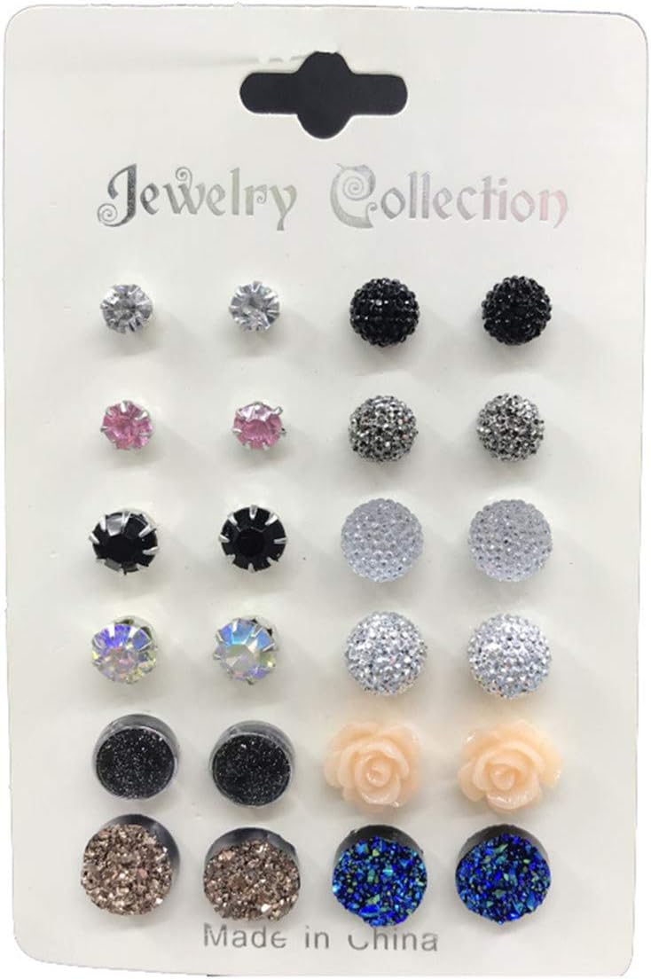 Weryffe 12 Pairs Women Earrings Stud Set Simple Style Crystal Design Multicoloured Rose Flowers Earrings Jewelry (Rose Crystal Ball)