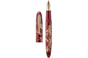 HONG DIAN Hongdian N23 Red Rabbit Fountain Pen, Long Blade Medium Nib Gold Trim, New Year Lucky Rabbit Carving Design, Smooth Writing Pen with Converter and Metal Pen Box Set