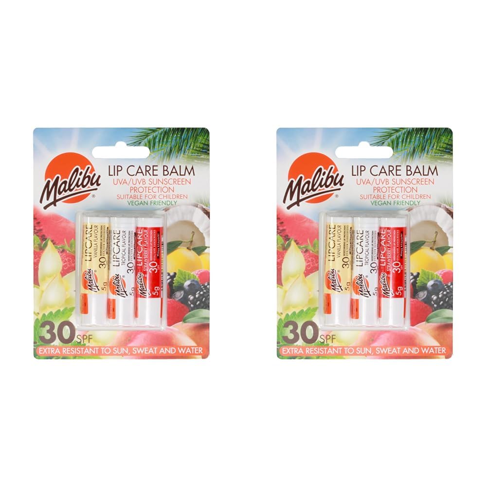 Malibu Sun SPF 30 Lip Balm Sunscreen, Vanilla, Tropical, Strawberry 3 x 5g (Pack of 2)