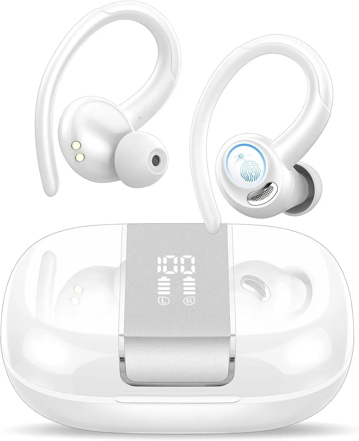 Photo 1 of Wireless Earbuds Bluetooth 5.3 Headphones Sports, 48Hrs Playback Over Ear Buds with CVC8.0 Mic, Bass Stereo Bluetooth Earbuds with Earhooks, LED Display, IP7 Waterproof Earphones for Running White