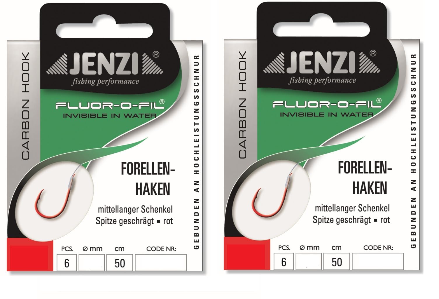 Set: 2 packs of Jenzi tied trout hooks (12 pieces) on fluoro-carbon cord, 50 cm hook size 4, 6, 8, 10 and 12 depending on selection + free Petri Heill! sticker (hook size # 10)