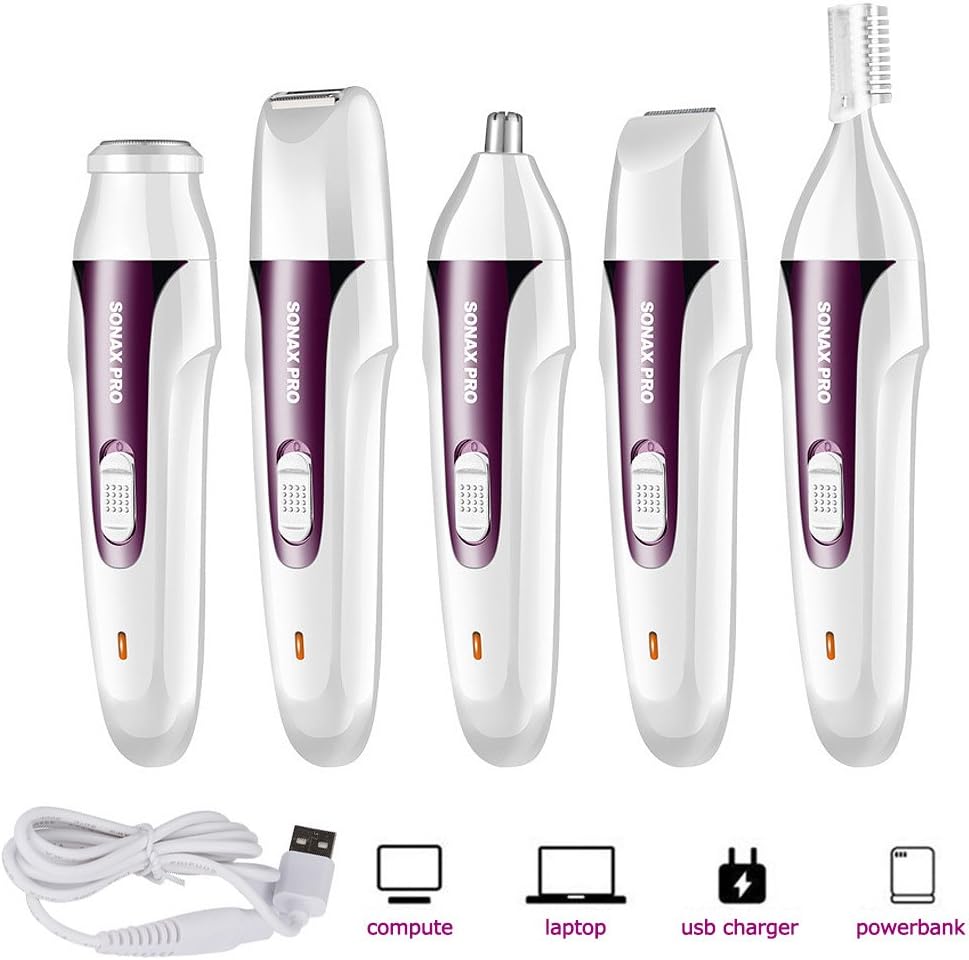 Lady Shaver, AUGYMER 5 in 1 USB Charging Rechargeable Wet/Dry Use for Bikini, Facial Epilators Flawless Legs Body Hair Remover Trimmer for Nose Ear Eyebrow Trimmer