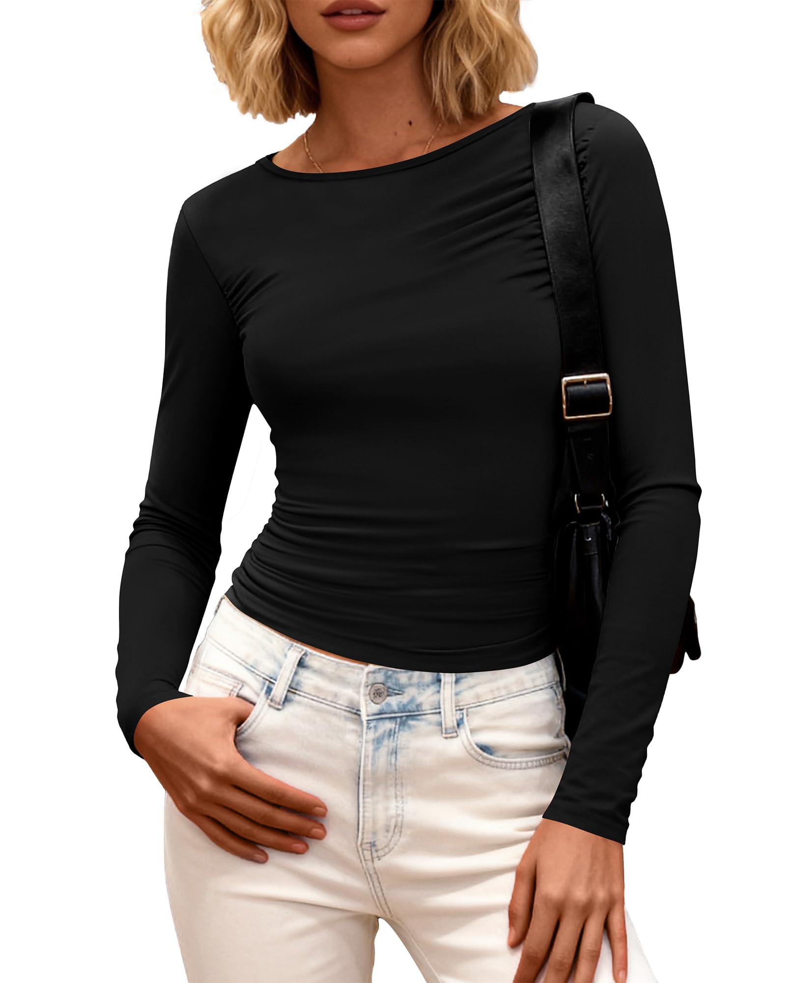 Photo 1 of BTFBM Womens Tops 2025 Fall Clothes Long Sleeve T Shirts Boat Neck Ruched Slim Fit Casual Stretchy Going Out Outfits(Black, Medium)