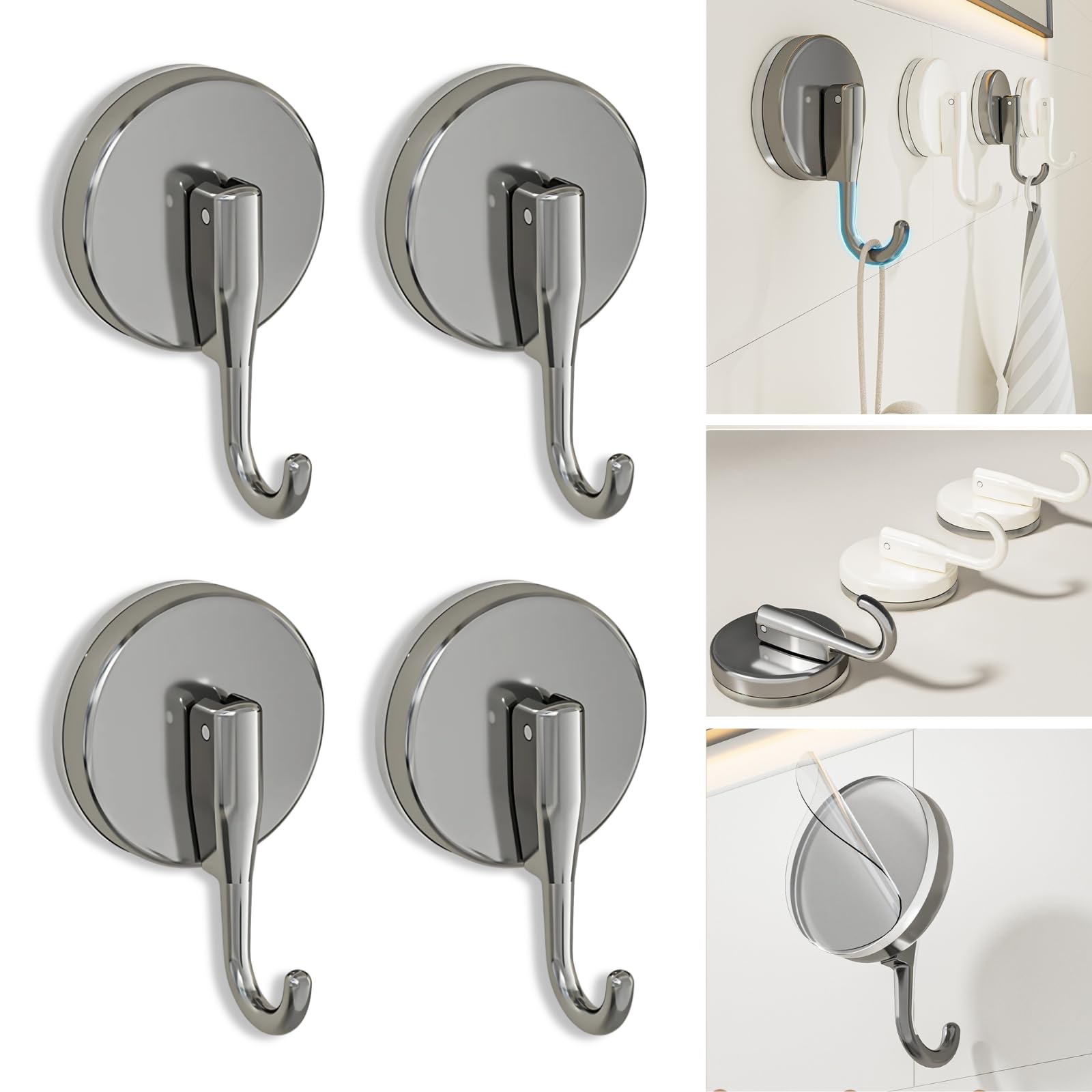 Boxonly Suction Cup Hooks for Shower, Single Hook for Hanging in Shower, Mounting on Glass, Tile, Mirrors, or Metal Surfaces - Gun Gray (4 Pack)