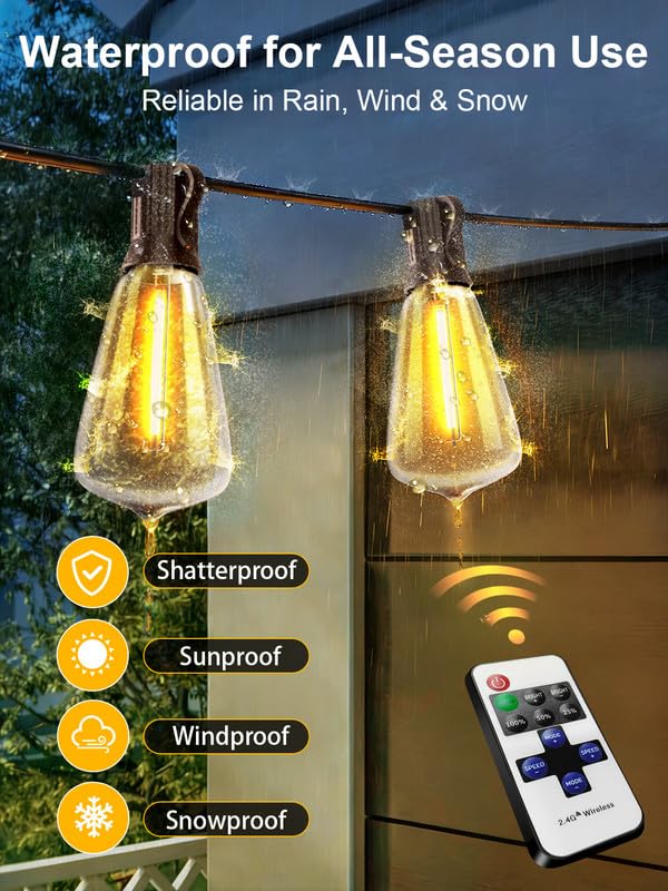 DREAMLAND 100FT Smart LED Outdoor String Lights, Remote Control Waterproof Patio Lights with Shatterproof ST38 Bulbs, Dimmable Outside Hanging Light for, Backyard, Garden, Porch, Bristo