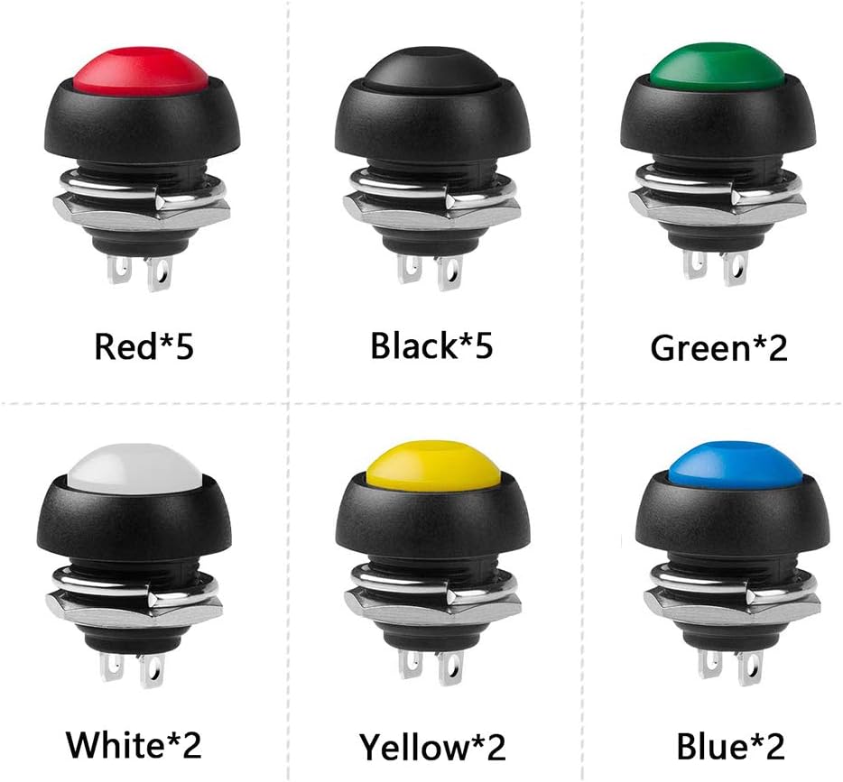WayinTop 18pcs 12MM Momentary Push Button Switch Waterproof Horn Switch 3A 125V Lockless Mini Round On Off Self-Reset Switch Button for Arduino/for Raspberry Pi/Table Lamp/Doorbell (6 Colors) - Image 4