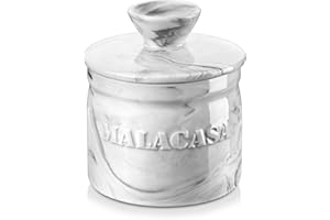 MALACASA French Butter Crock for Counter with Lid, Ceramic Butter Dish Keeper with Water Line, Butter Container for Fresh Spreadable Butter, Series REG, Marble Gray