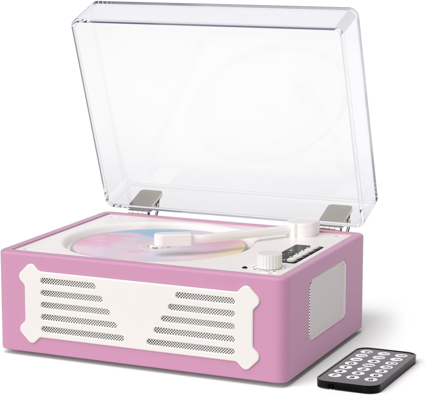 Retro CD Player with Speakers Portable CD Player with Bluetooth for Home,Compact Desktop Design, USB, AUX, Headphone Jack, Battery Powered,Remote Control,for Music Lovers,Purple Pink