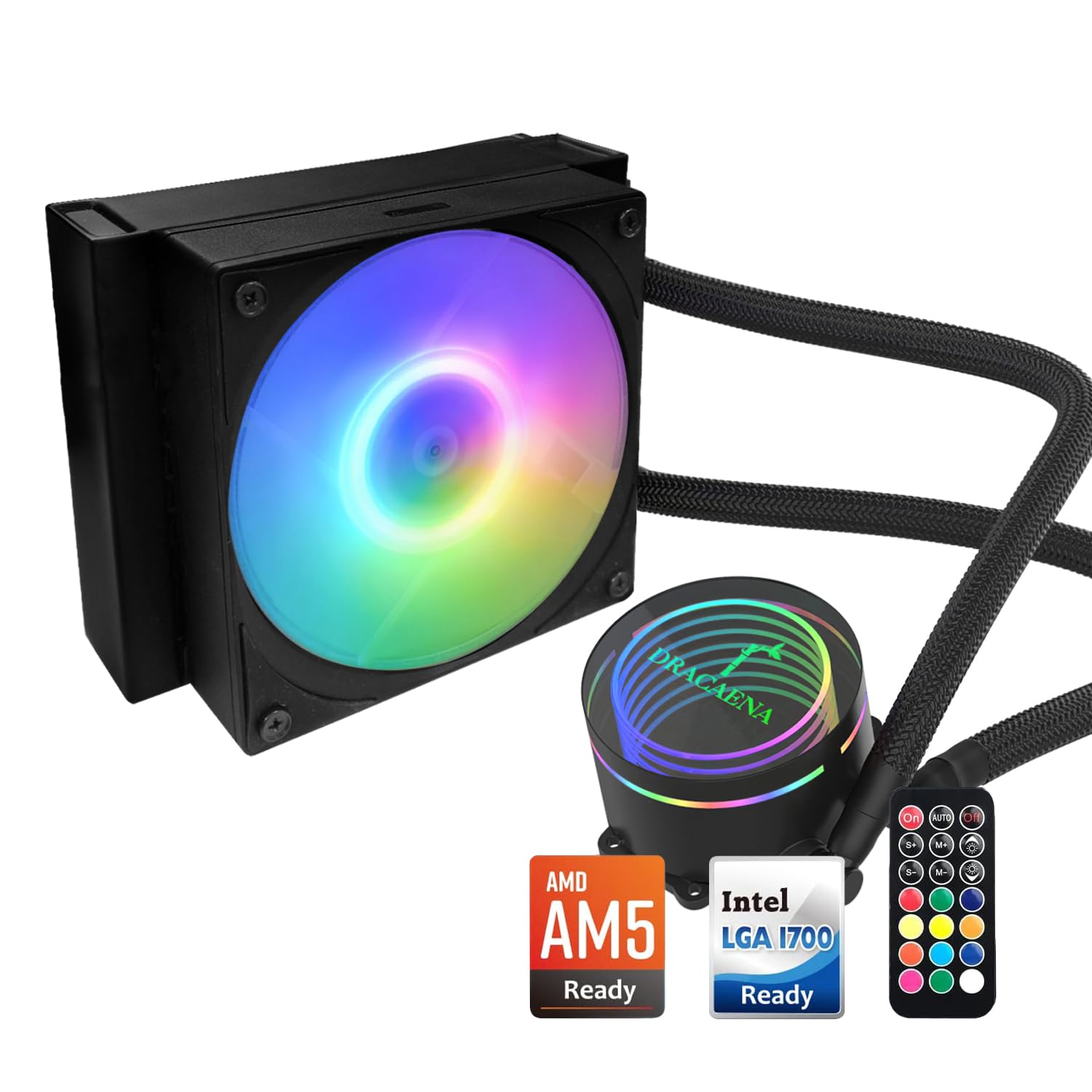 dracaena.io AIO CPU Cooler, Color Change Remote, 120mm Radiator, ARGB PWM Fans Quiet Less Than 27DBA, Compatible with AMD AM5/AM4-Intel LGA 1700/1200/115X, Leakproof Technology, High Flow Pump, Black