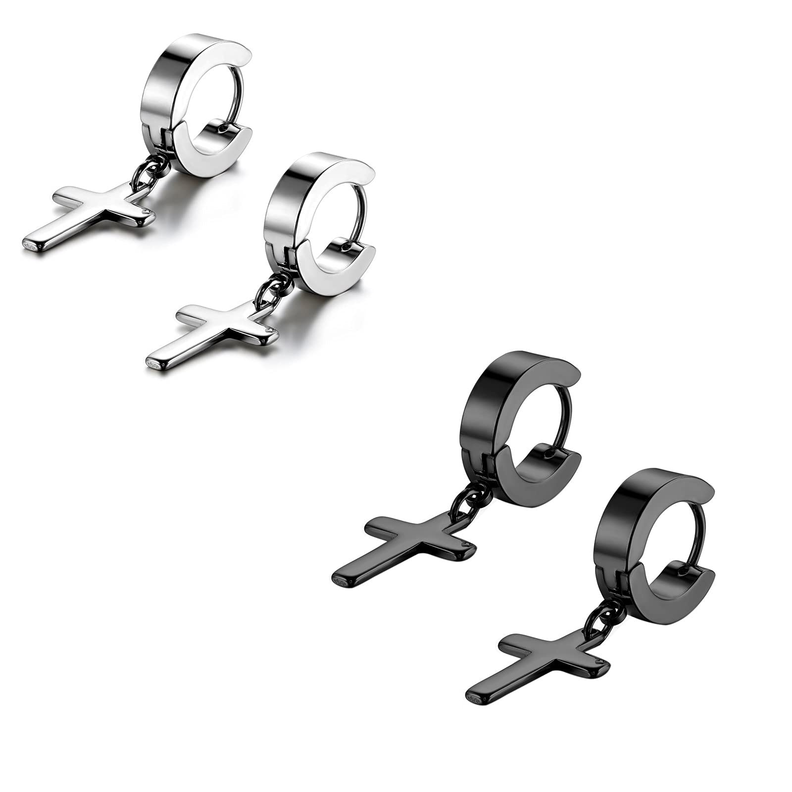 Flongo Men's Womens 4PCS Vintage Stainless Steel Cross Dangle Hinged Hoop Earrings — image 1