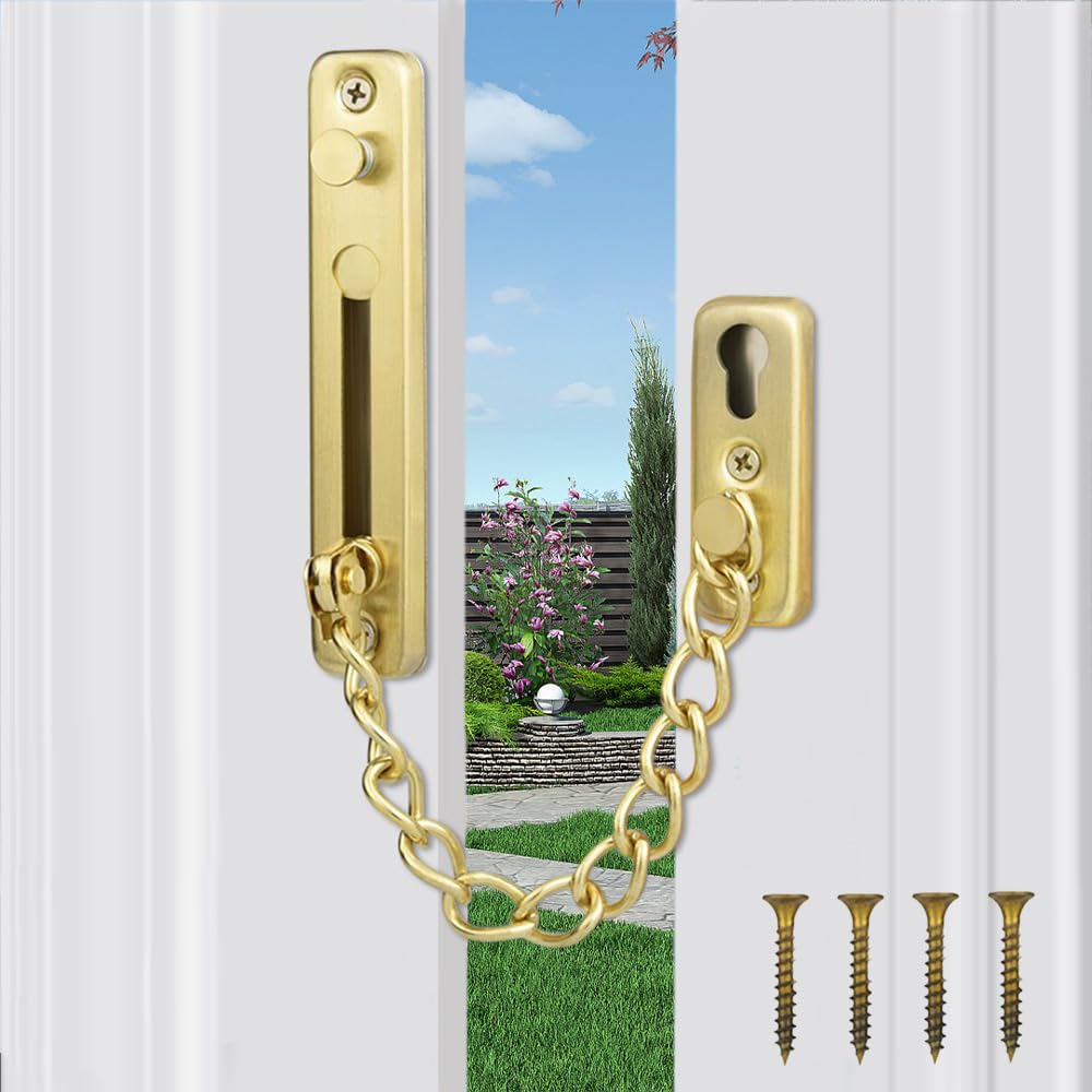 Door Chain Lock Stainless Steel Internal Door Chain Anti Theft Latch Chain Door Lock with Spring and Screws for Hotel Home Living Motel Apartment Bedroom (Golden)