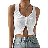 COZYEASE Women's Button Front Ribbed Knit Crop Tank Top Scoop Neck Sleeveless Casual Plain Crop Top