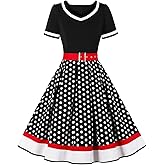 Women V Neck 50's Polka Dots Vintage Cocktail Swing Dress with Belt Short Sleeve 1950's Audrey Hepburn Style Rockabilly Prom Dress Knee Length A Line Wedding Party Formal Homecoming Dress A#Black 3XL