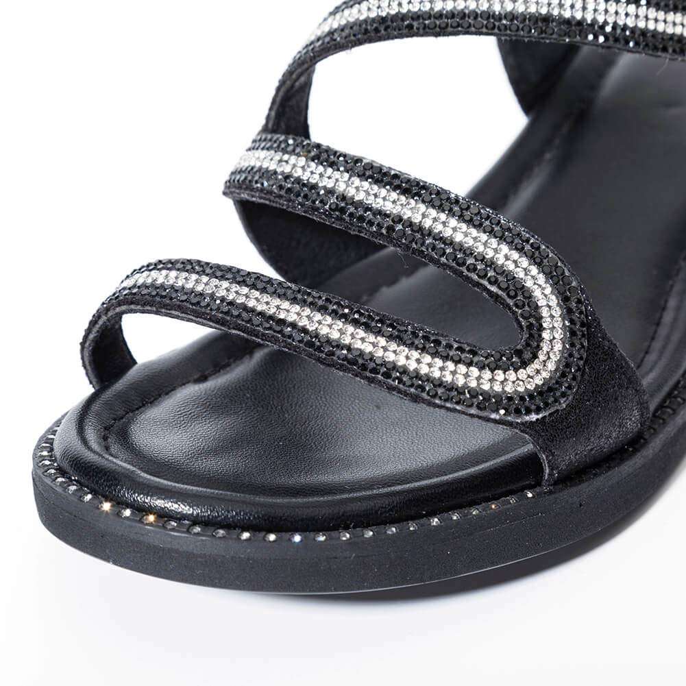 Yolanda Zula Women‘s Elastic Heel Rhinestones Flat Sandals Black Wedge Summer Shoes (7)