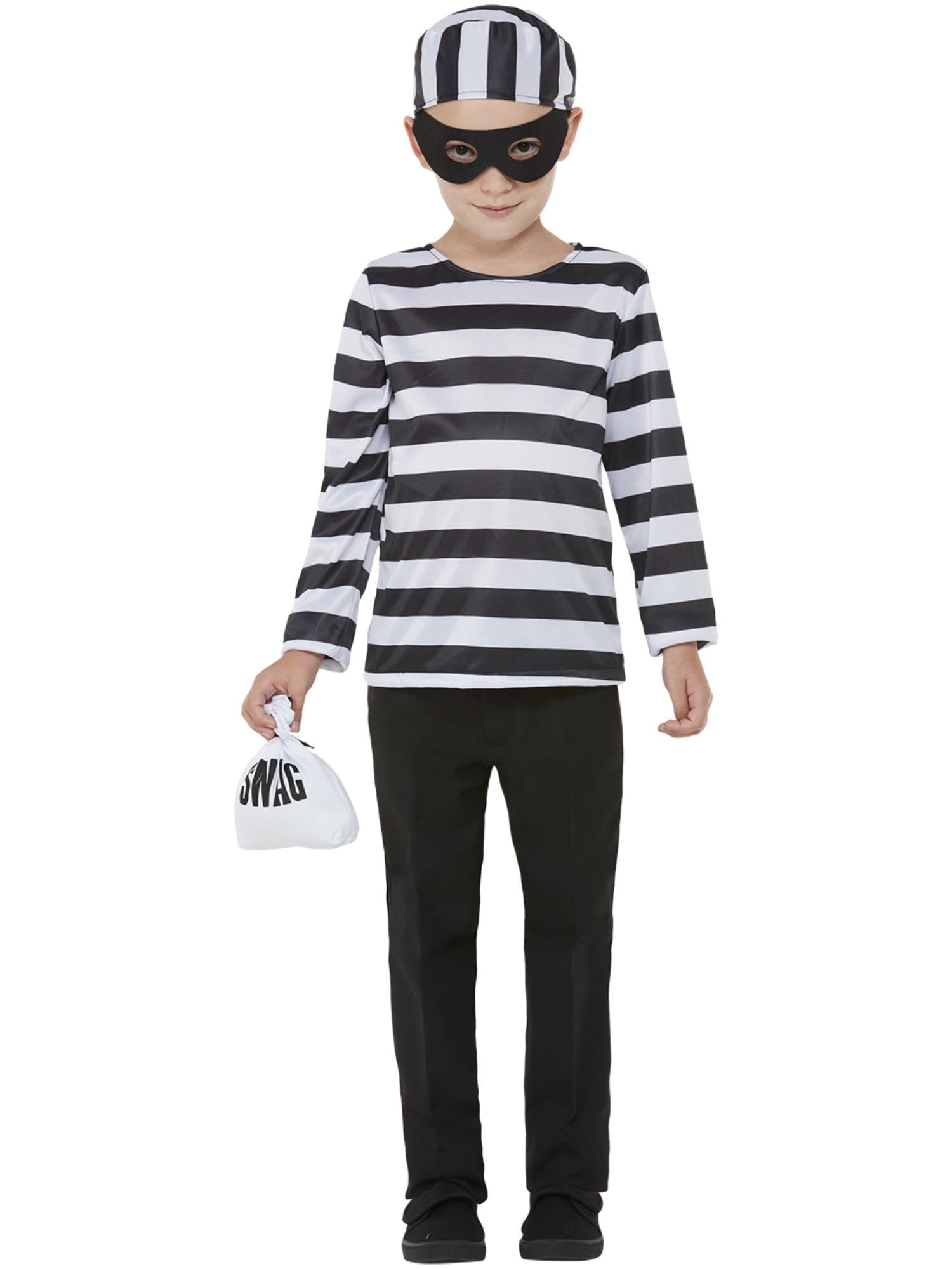 Smiffys Convict Costume, Black & White Top, Trousers, Eyemask, Hat & Swag Bag, Boys Fancy Dress, Child Dress Up Costumes