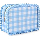 EMBRUNIOICE Gingham Ruffle Makeup Bag,Large Travel Cute Cosmetic Bag for Women Girls,Toiletry Bag Make up Organizer 11.8 x 4.7 x 9 inch (Blue Gingham)