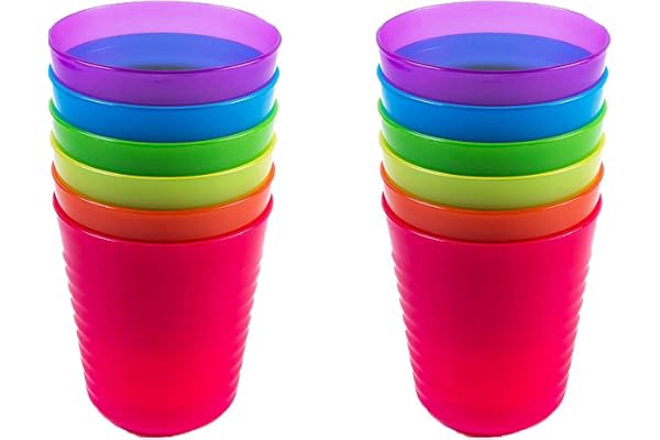 Cuddly Hippo Kids Plastic Dinnerware Set of 12 Multi Color Cups/Tumblers - Reusable, BPA-Free, Dishwasher Safe and Microwavea