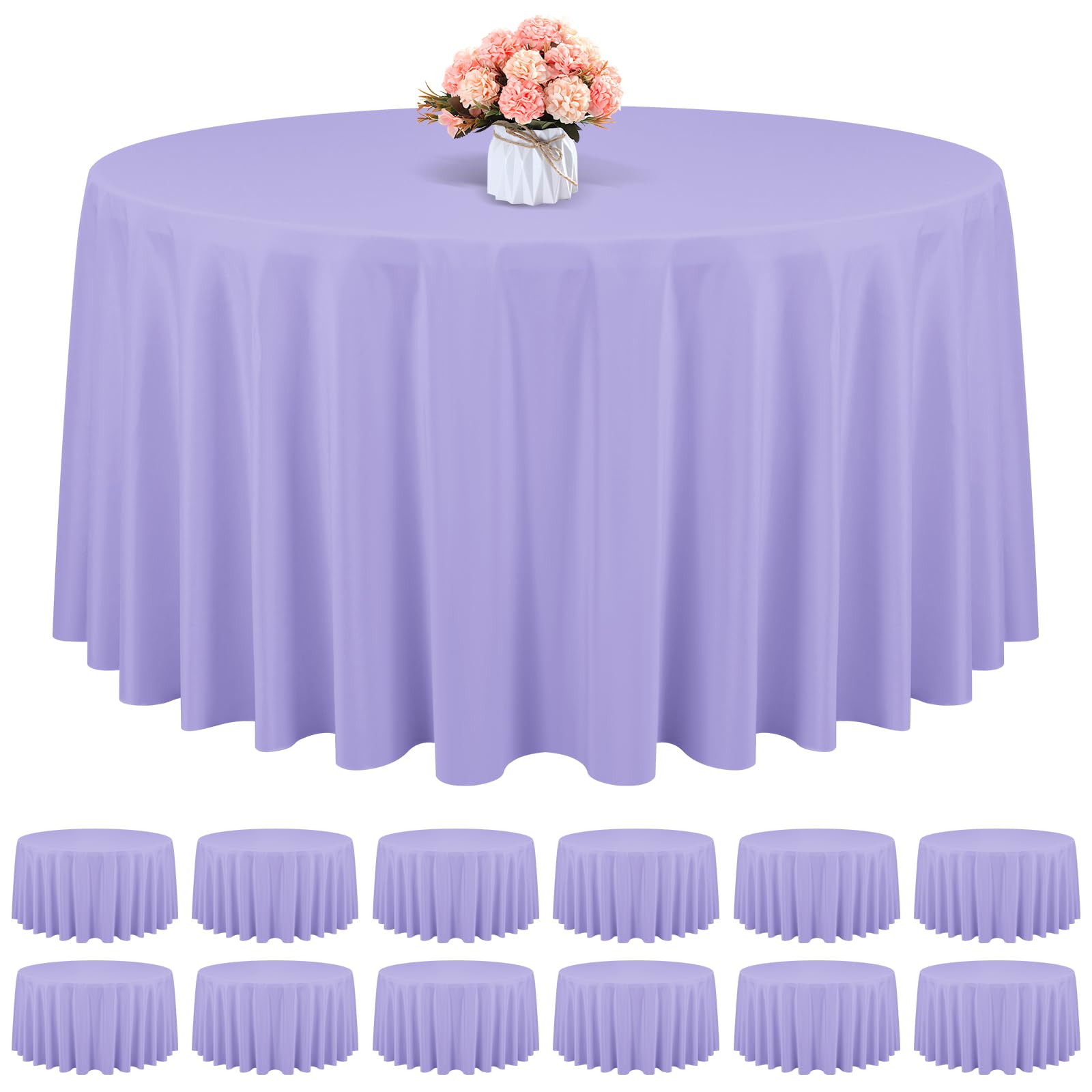 Photo 1 of 12 Pack Round Tablecloth 90 Inch - Lavender Polyester TableCloth for Round Table, Premium Lavender Tableclothes Washable Fabric Table Cover for Wedding Party Banquet Restaurant Reception Dining