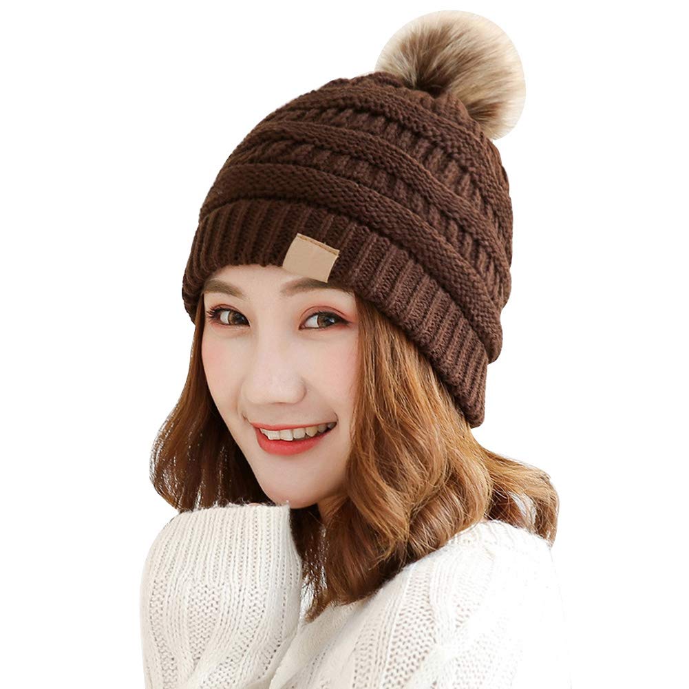 YJWAN Women Winter Beanie Hat Warm Fleece Lining Knit Faux Fur Slouchy Ski Cap