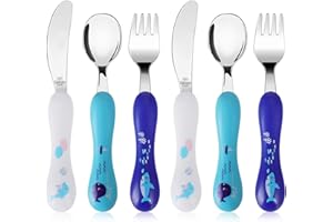 Lehoo Castle 6 Pieces Toddler Utensils, Kids Silverware for 2 3 4 Years Old, Stainless Steel Knife Fork and Spoon Set with Plastic Handle, Safe Toddler Cutlery (Blue)