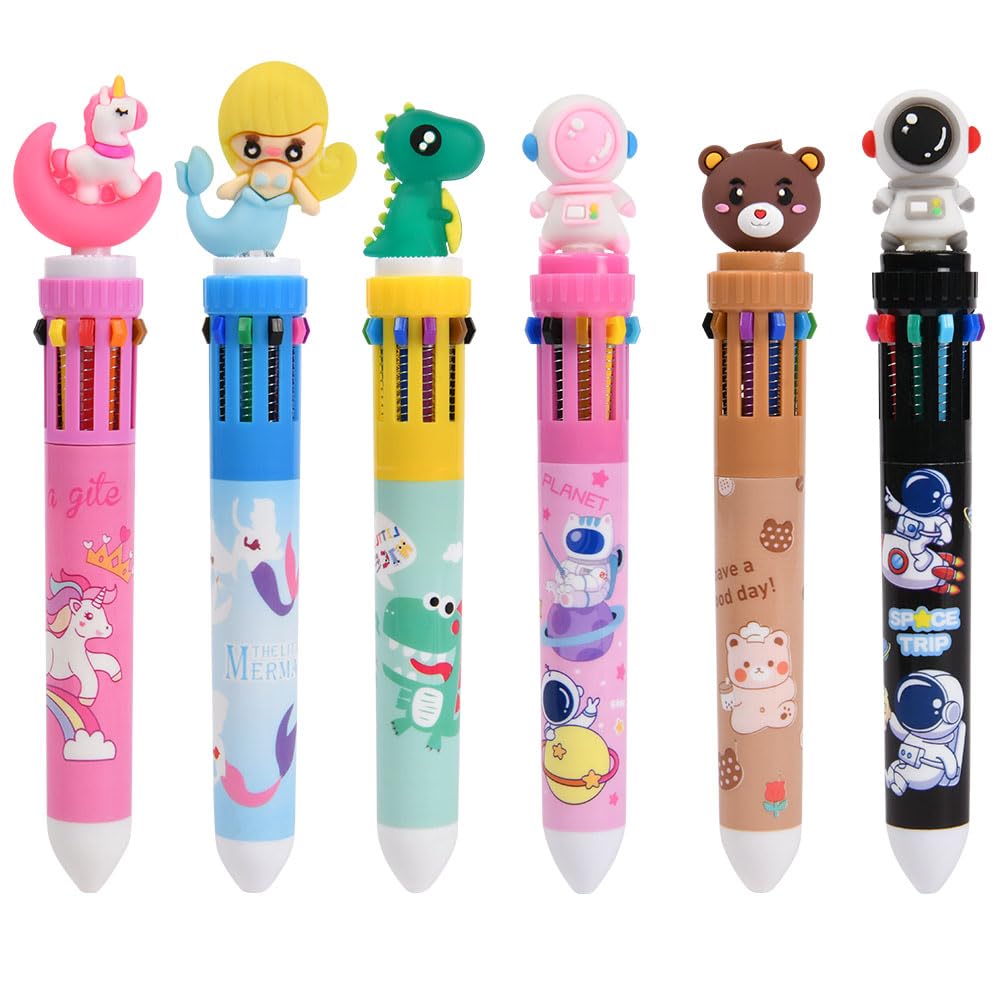 AUAUY 6PCS Multi Coloured Pens All In One, 10-in-1 Retractable Ballpoint Pens 0.5mm, 10-Colors Cartoon Animal Ballpoint Pen for Office School Supplies Students Gift