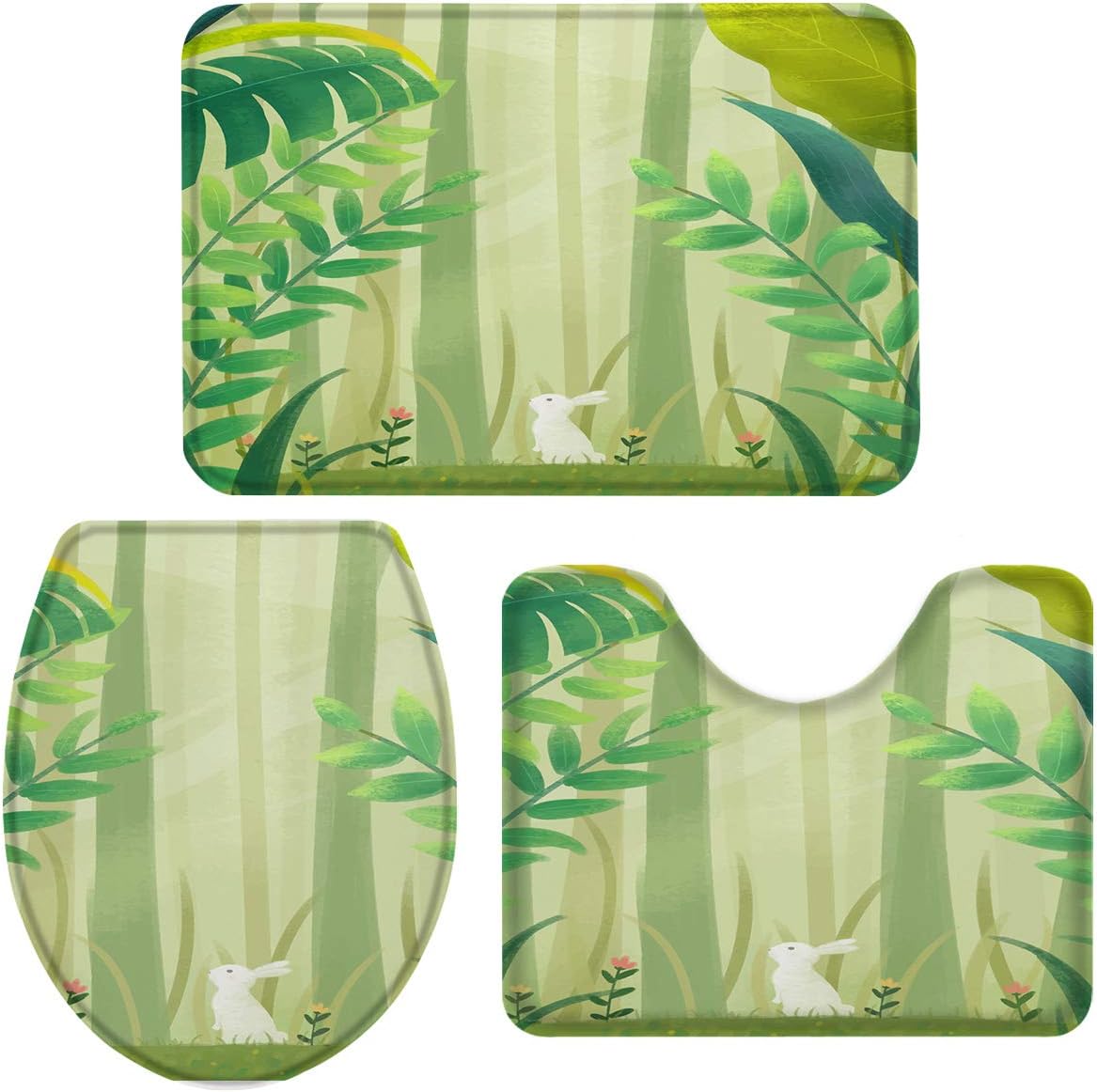 Amazon Com Greday Cartoon Forest Scenery Tropical Plants Cute Rabbit Bath Rug 3 Piece Bathroom Rugs Set 1 U Shape Toilet Mat 1 Doormat 1 Lid Cover Soft Non Slip Washable Floor