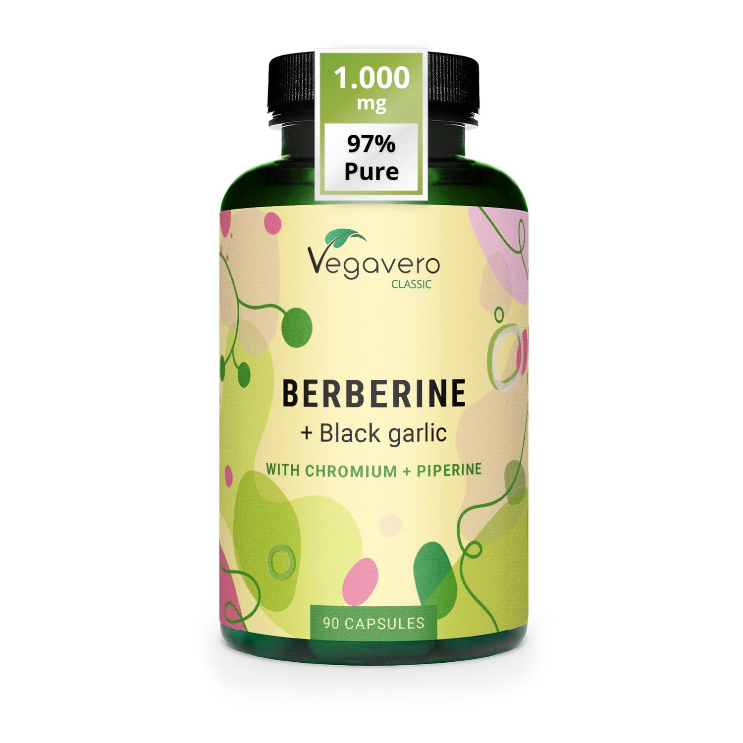 Vegavero Berberine HCL 1000 mg | 50:1 Barberry Extract 97% Berberin | with Black Garlic Extract, Chromium and Piperine | NO Additives, Lab-Tested | Blood Sugar Levels Supplement | Vegan