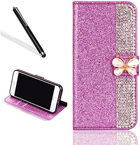 Galaxy Note 8 Diamand Case,Bling Glitter Folio Case for Samsung Note 8,Leeook Luxury Noble Sparkle Shining Purple Rhinestone PU Leather Wallet Flip Case in Book Style with Card Slots Cash Holder Stand Function Butterfly Magnetic Closure TPU Silicone Inner Protect Cover for Samsung Galaxy Note 8 + 1 x Black Stylus