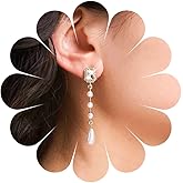 Andelaisi Boho Crystal Pearl Dangle Earrings Vintage Pearl Teardrop Earrings White CZ Square Stud Earrings Personalized Pearl Long Drop Earrings Jewelry for Women