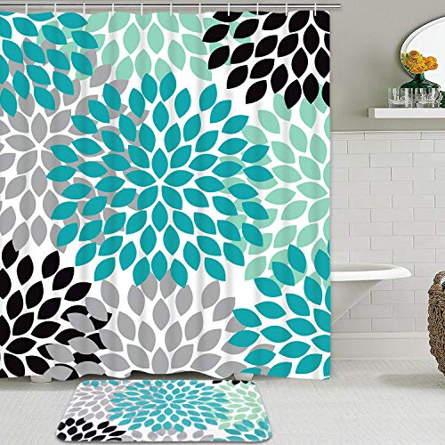 2 Piece Dahlia Pinnata Shower Curtain Set with Non-Slip Bathroom Mat and 12 Hooks, Flower Shower Curtain Durable Waterproof Bath Curtain